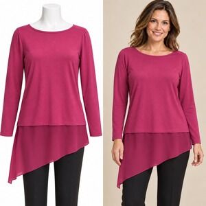 DG2 Diane Gilman Tunic Women M Pink Asymmetrical Chiffon Hem Long Sleeve Top NEW